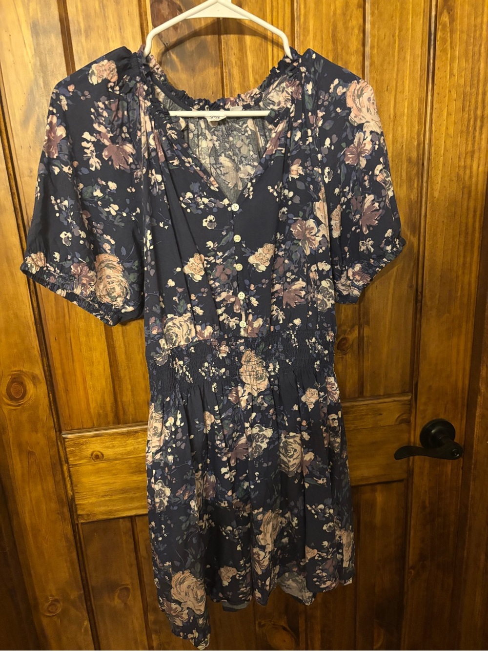 GAP Navy Floral Short Sleeve Smocked-Waist Mini Dress